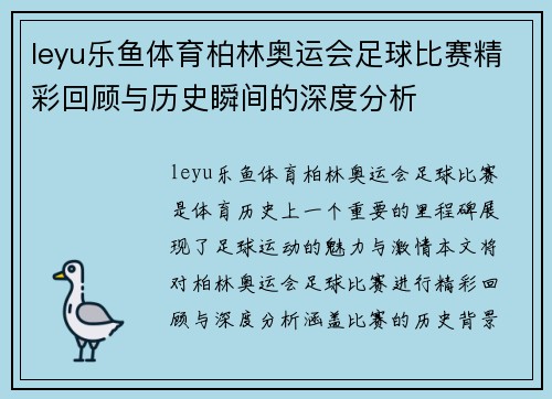 leyu乐鱼体育柏林奥运会足球比赛精彩回顾与历史瞬间的深度分析