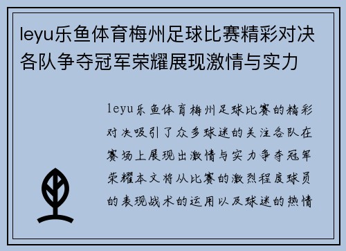 leyu乐鱼体育梅州足球比赛精彩对决各队争夺冠军荣耀展现激情与实力